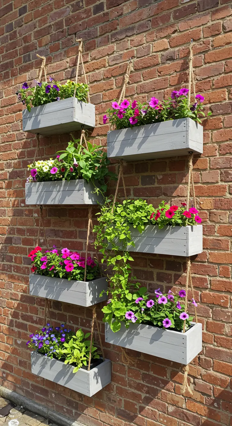 Grijze houten plantenbakken hangen met touwen aan een bakstenen muur, vol met bloemen.