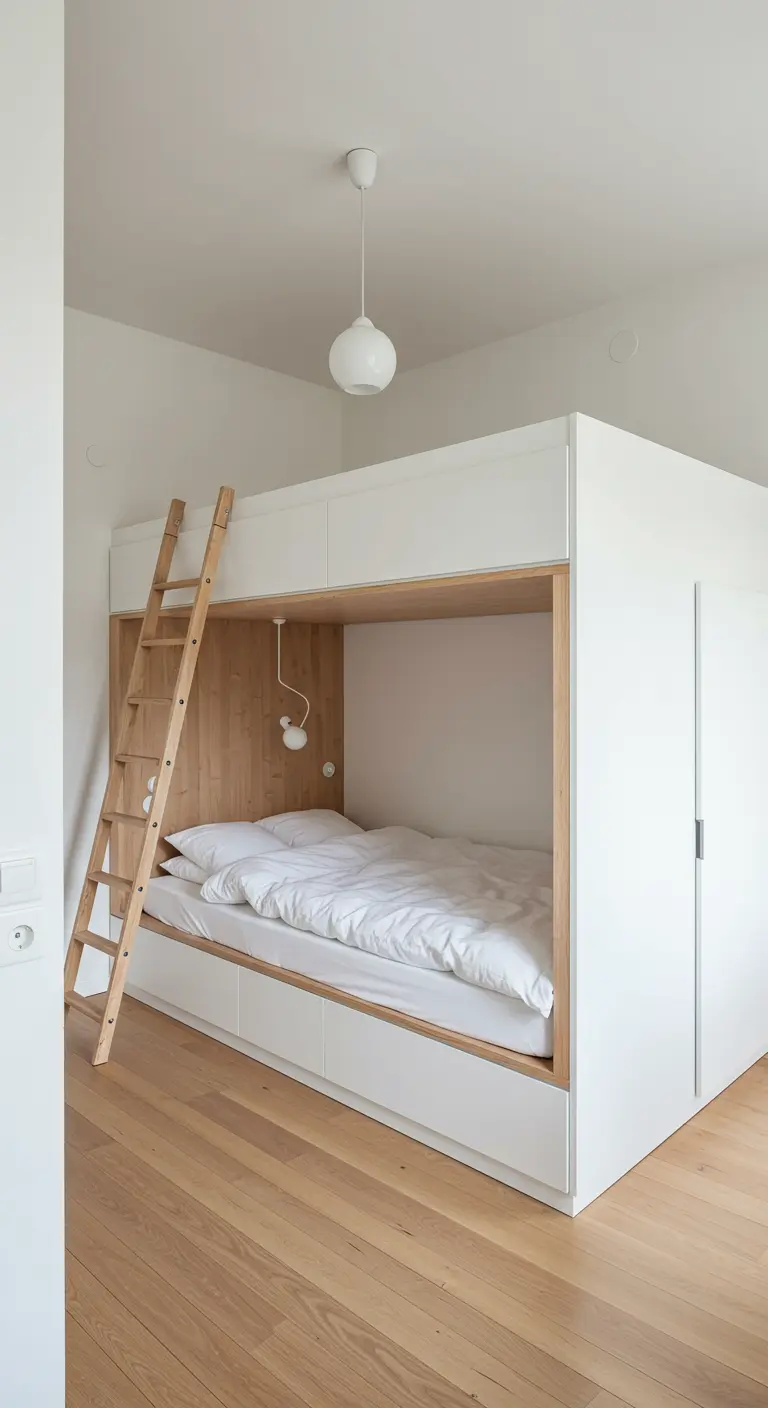 Compacte slaapkamer met ingebouwd houten bed, witte kasten en ladder.