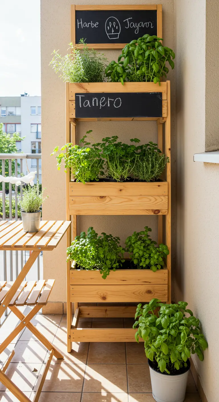 Houten etagère met plantenbakken en schoolbordjes voor kruiden op een balkon.