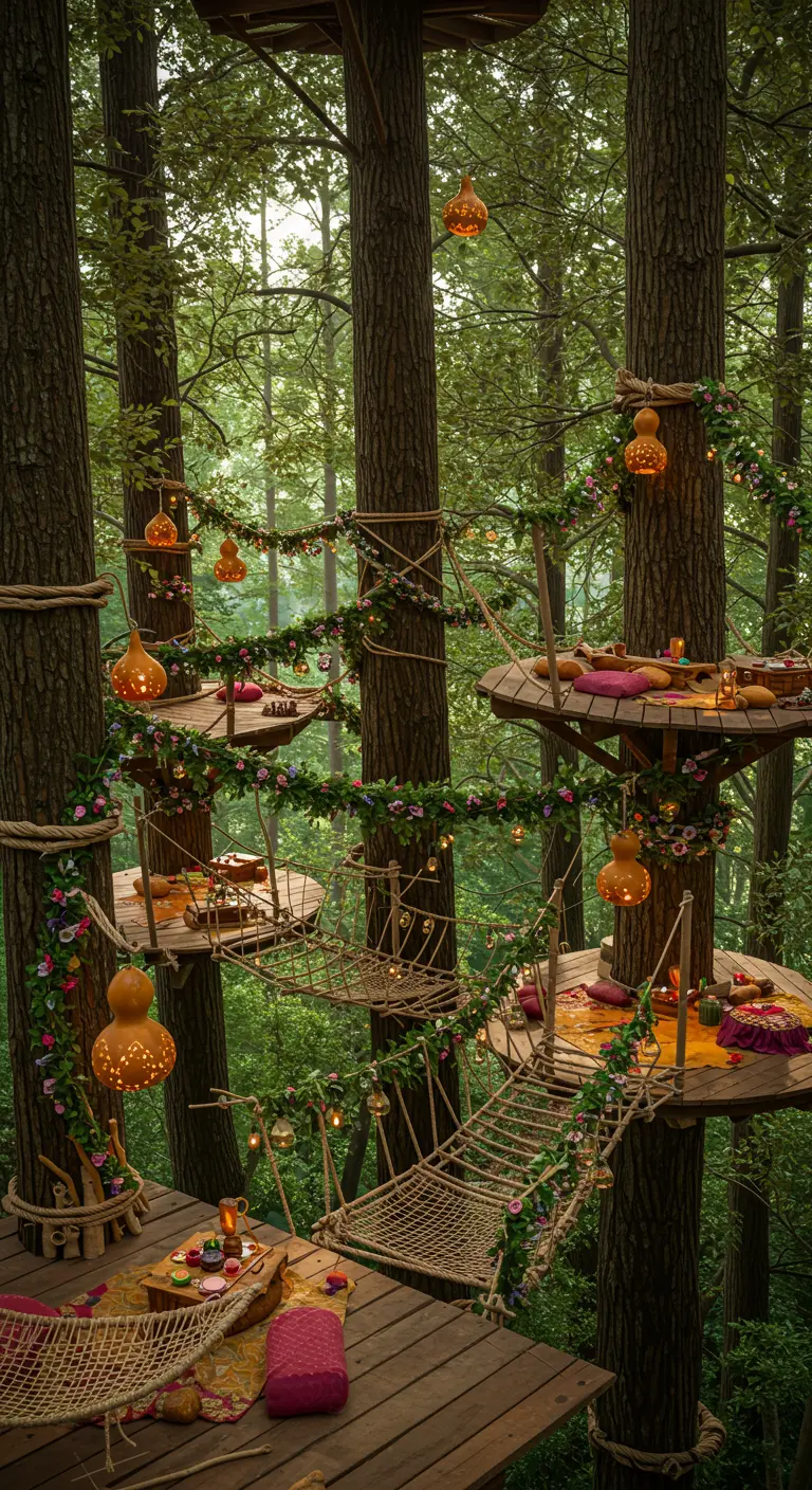 Feestsetting met houten plateaus en touwbruggen tussen hoge bomen.