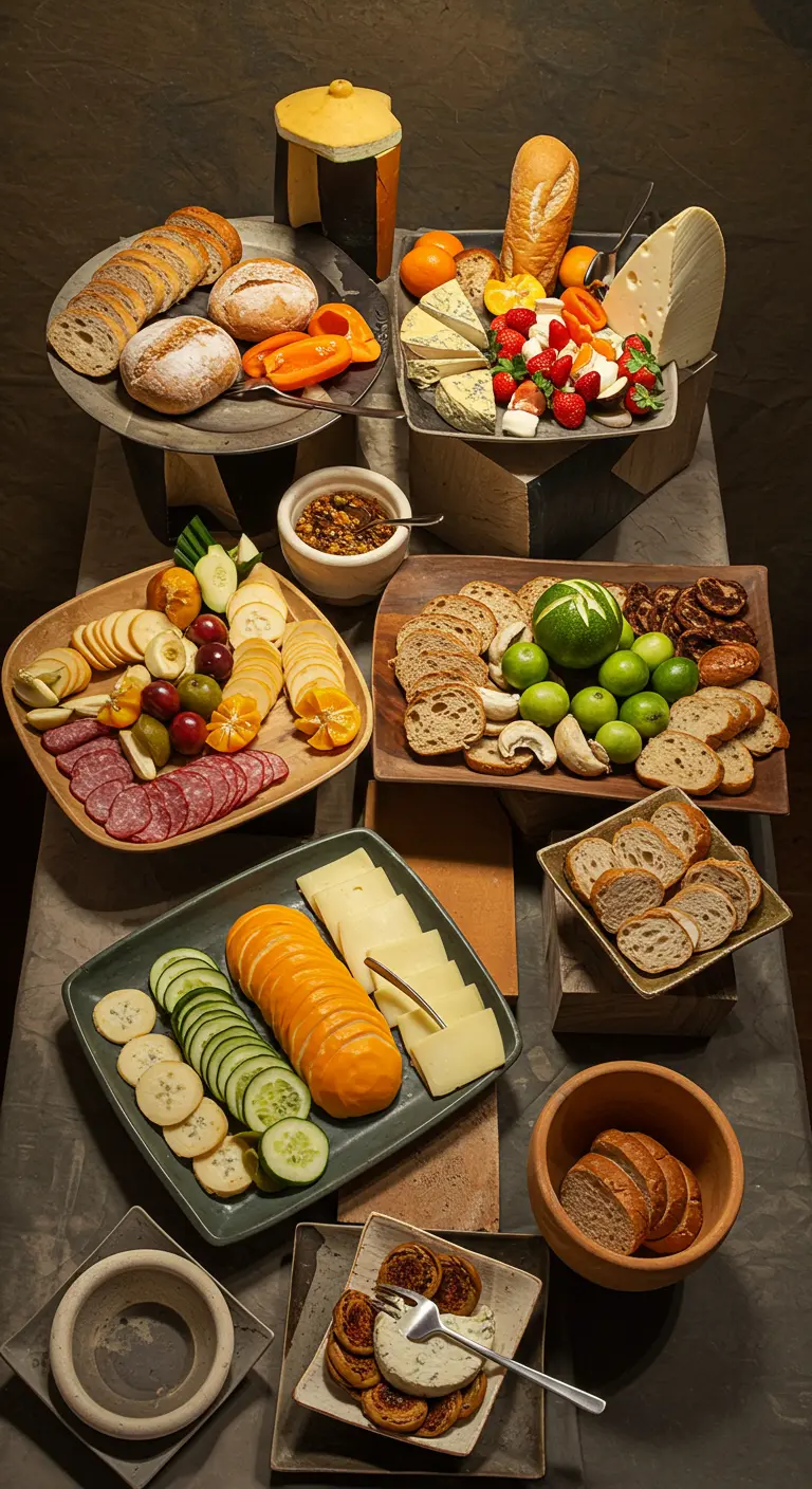 Buffet met brood, kaas en vleeswaren gepresenteerd op verschillende niveaus.