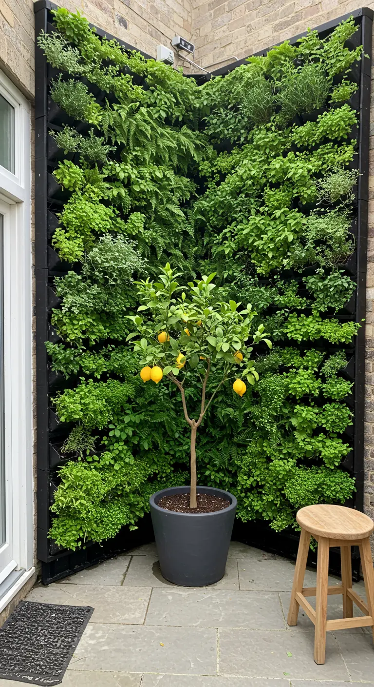 Een verticale tuinmuur met een citroenboom in een pot ervoor.
