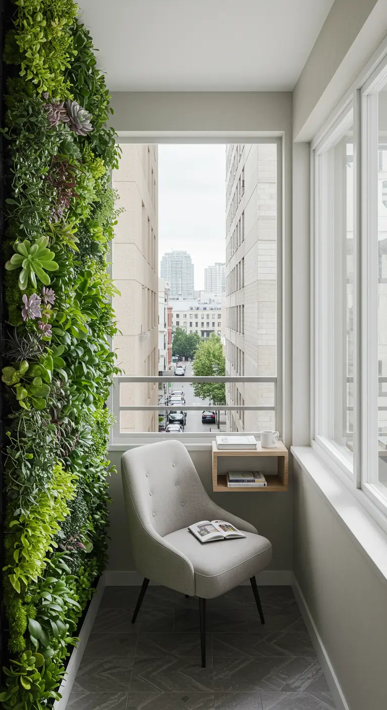 Smal balkon met een grote verticale plantenwand en een comfortabele leesstoel.