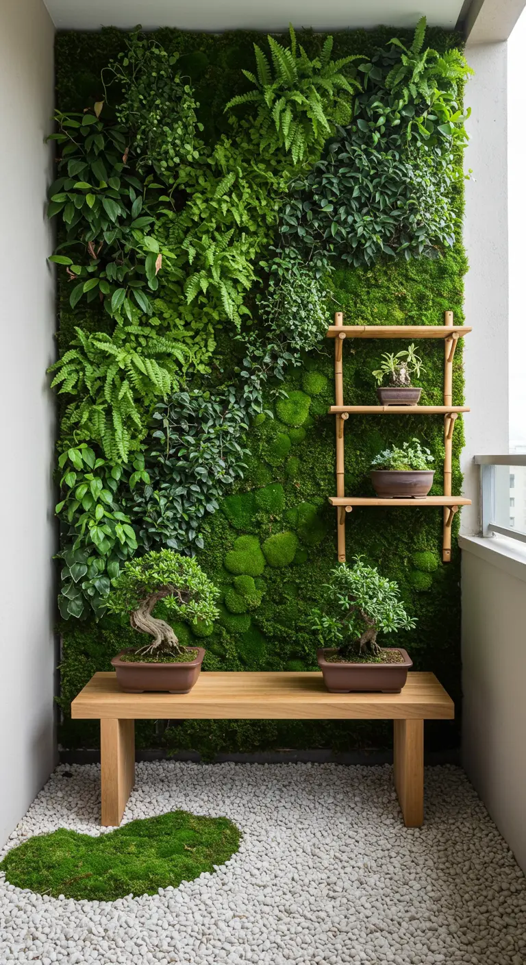Balkon met een weelderige verticale plantenmuur, houten bankje en twee bonsaibomen.