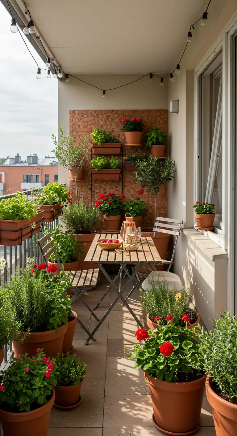 Balkon met verticale tuin van terracotta potten en felrode geraniums, naast een houten tafel