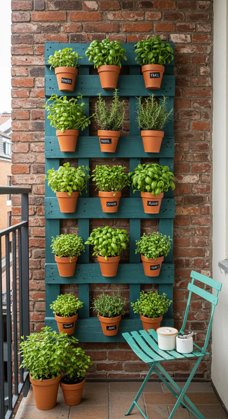 Blauwgroen geschilderde pallet als verticale kruidentuin tegen een bakstenen muur op een balkon.