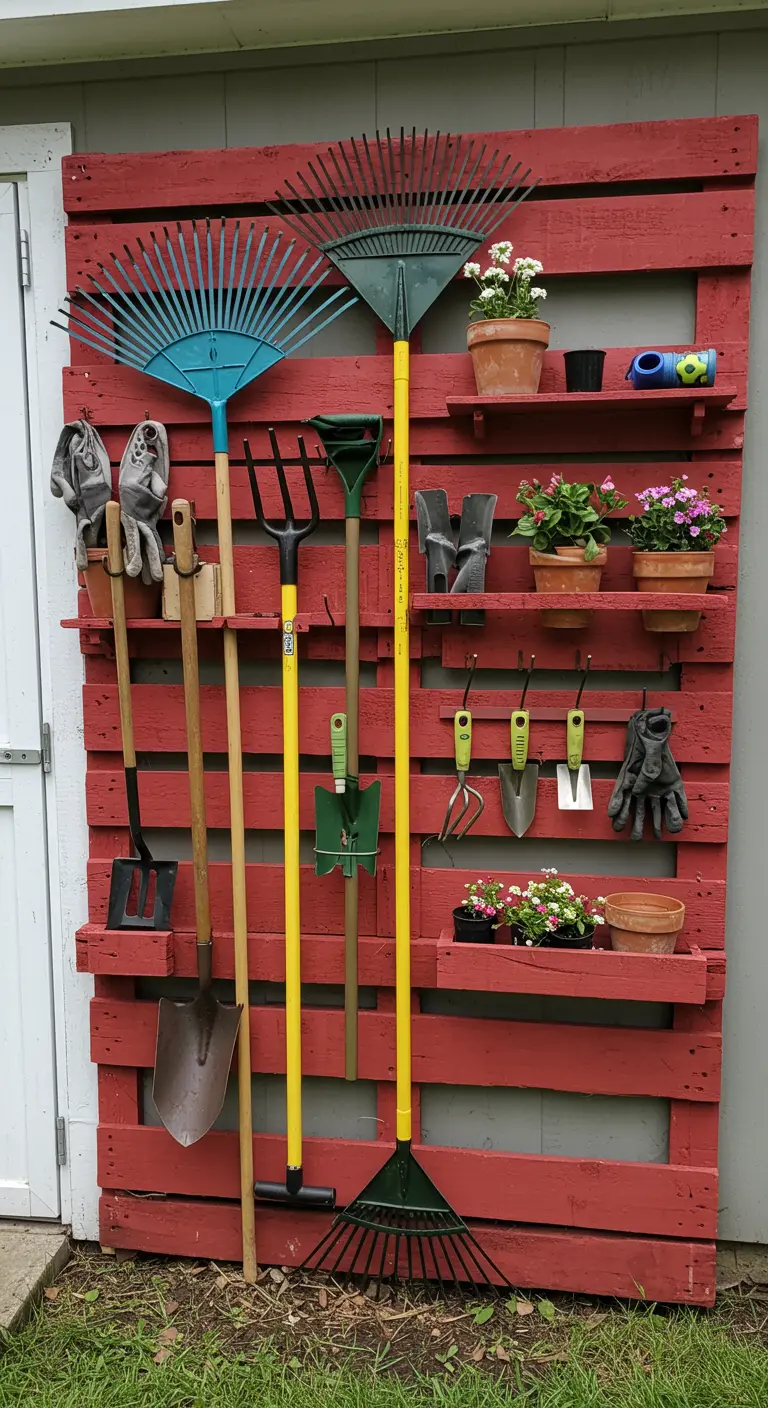 Roodgeschilderde pallet tegen een schuur, gebruikt als opbergsysteem voor tuingereedschap.