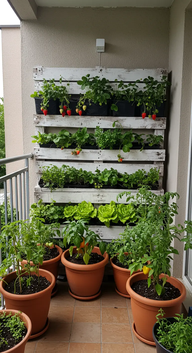 Verticale moestuin van een witte pallet met aardbeien, sla en tomatenplanten in potten.