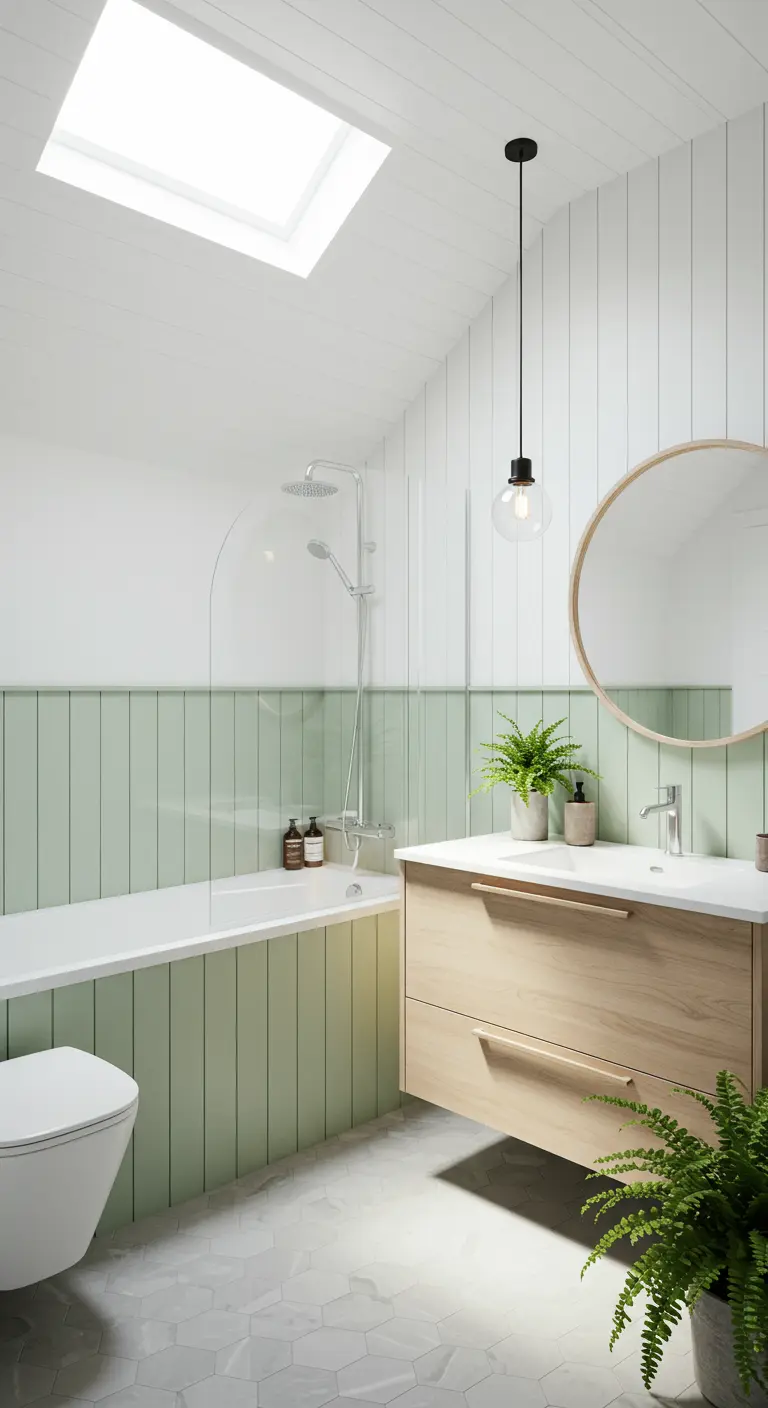 Lichte badkamer met mintgroene lambrisering, houten meubel en dakraam.