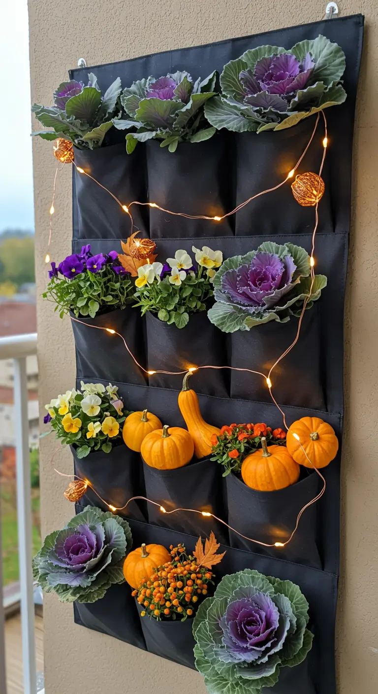 Zwarte hangende plantenzak aan een balkonmuur, gevuld met herfstplanten en pompoenen.