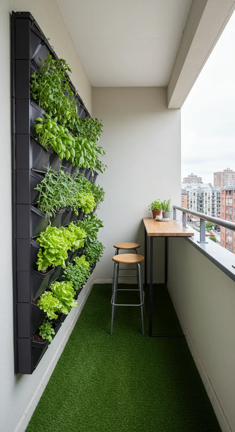 Smal balkon met kunstgras en een grote verticale tuinwand vol kruiden en sla.