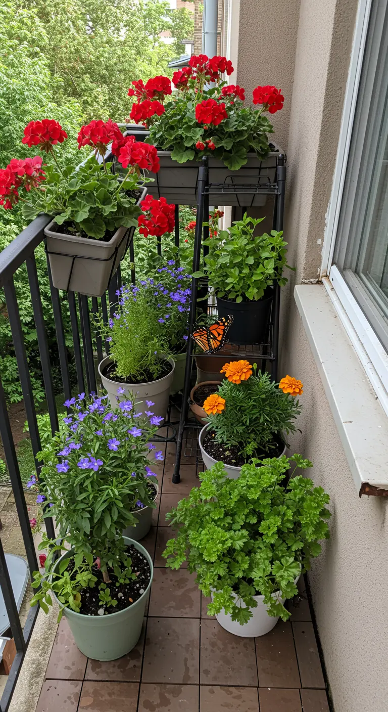 Smal balkon met een etagère vol rode geraniums, blauwe bloemen en kruiden.