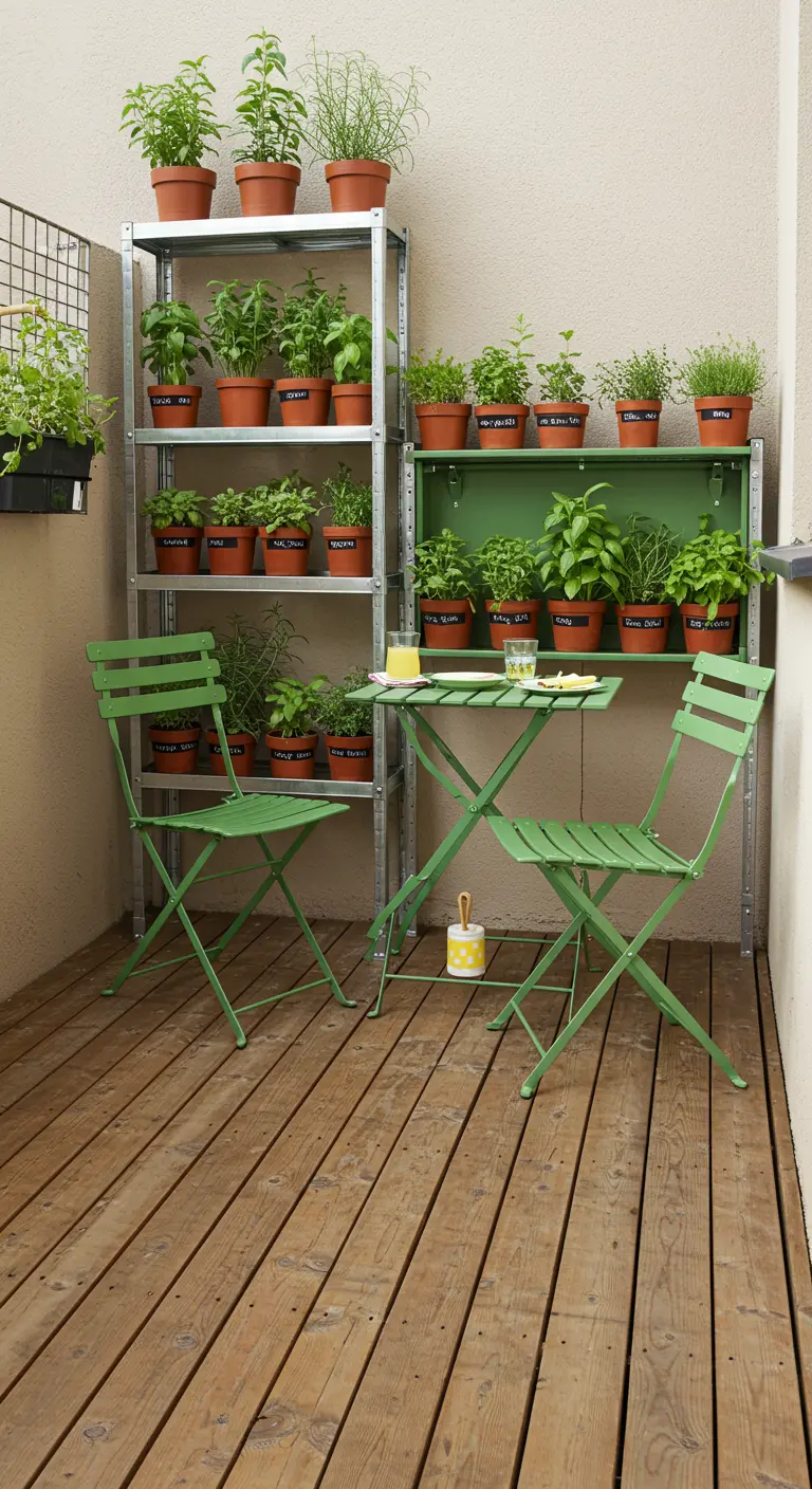 Smal balkon met een stellingkast vol kruiden en een groen bistrosetje.