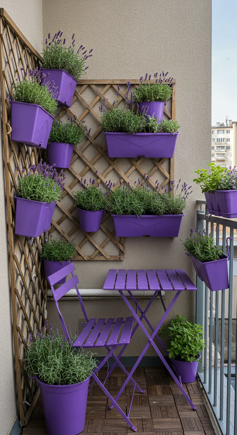 Houten trellis aan een balkonmuur met paarse potten en bakken vol lavendel.