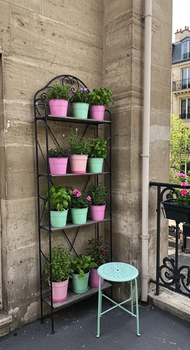 Zwart metalen rek op balkon met kruiden in roze en mintgroene potten.