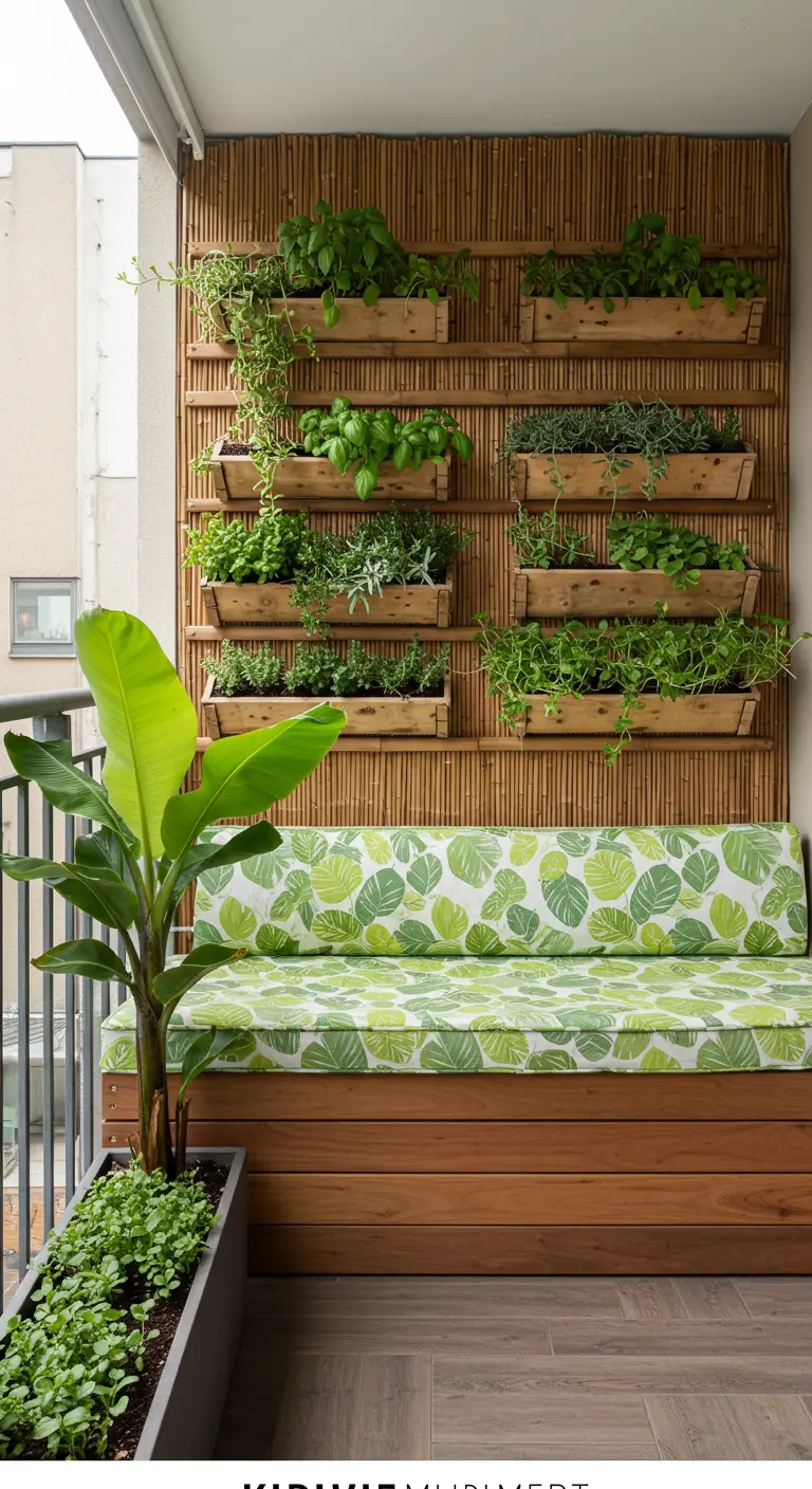 Balkon met een verticale kruidentuin tegen een bamboewand en een bankje met groene kussens.