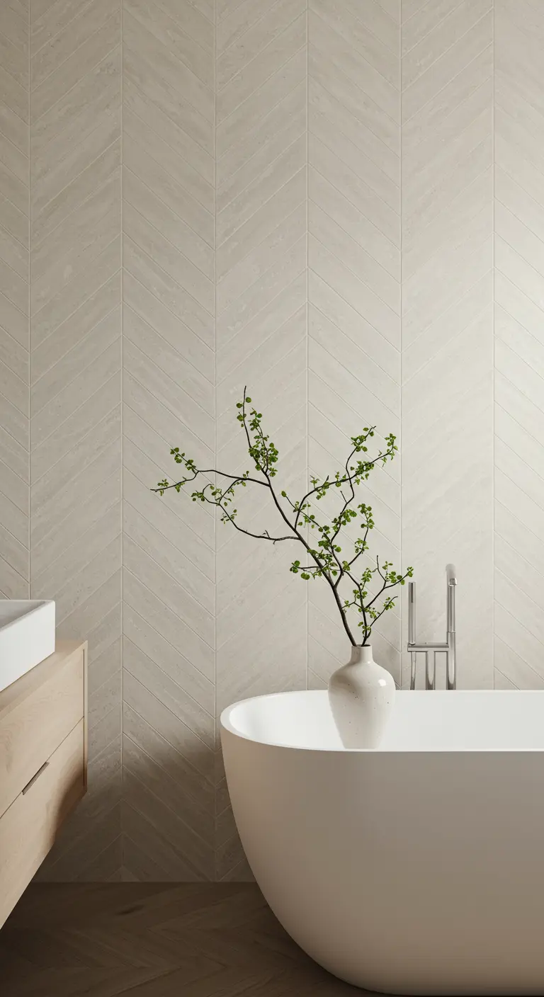 Lichte badkamer met verticaal gelegde visgraattegels naast een bad.