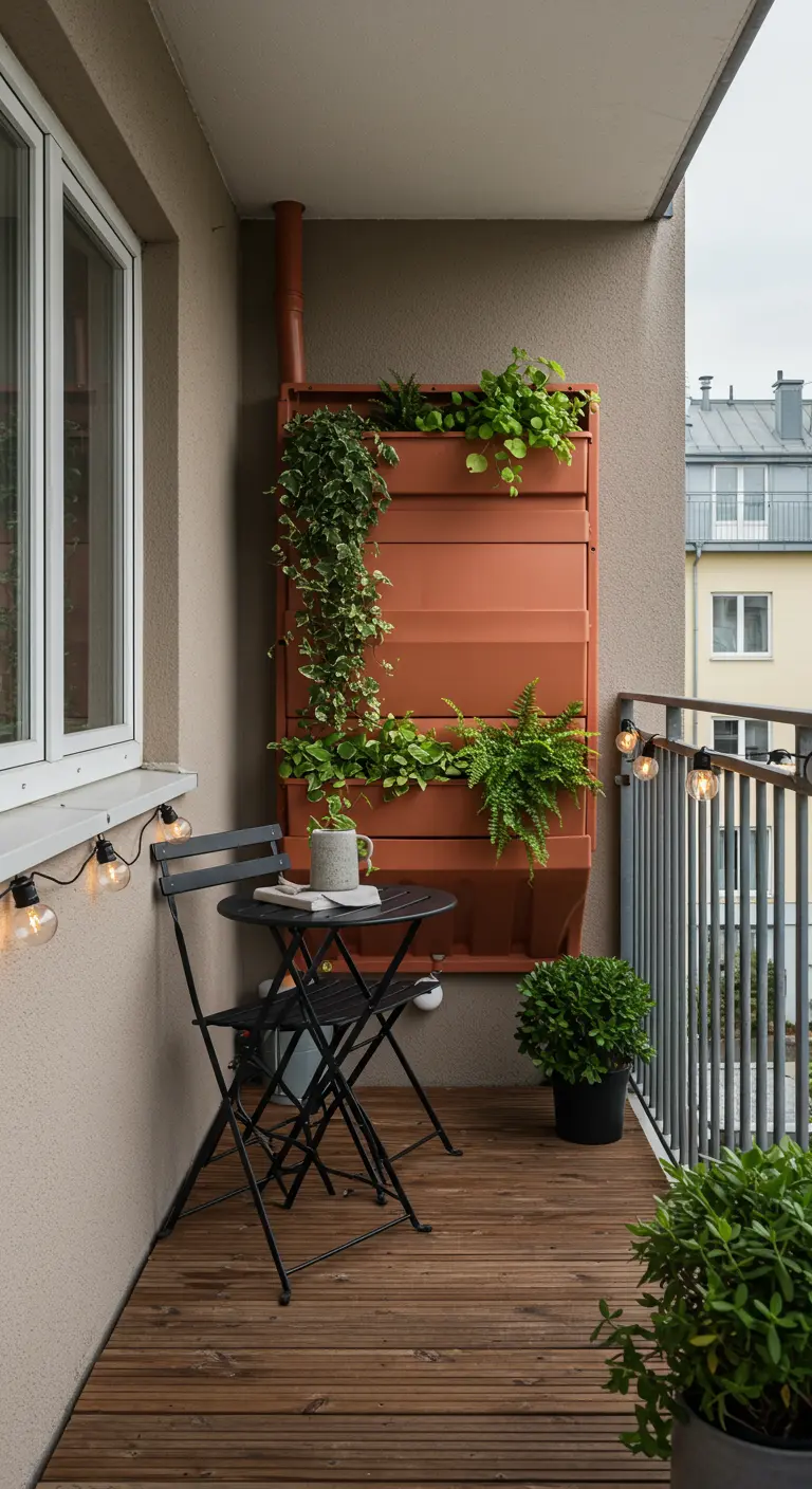 Terracotta-kleurige, platte regenton aan de muur van een balkon, met planten.