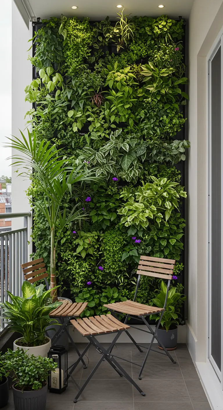 Modern balkon met een grote verticale plantenwand, palmboom en houten klapstoelen.