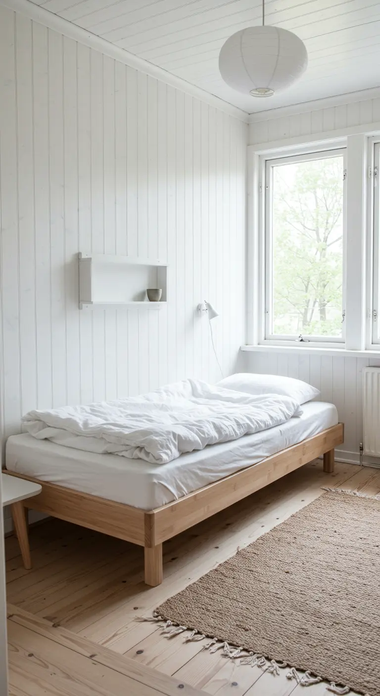 Kleine slaapkamer met witte houten wandpanelen, houten bed, jutten kleed en zweefplank.