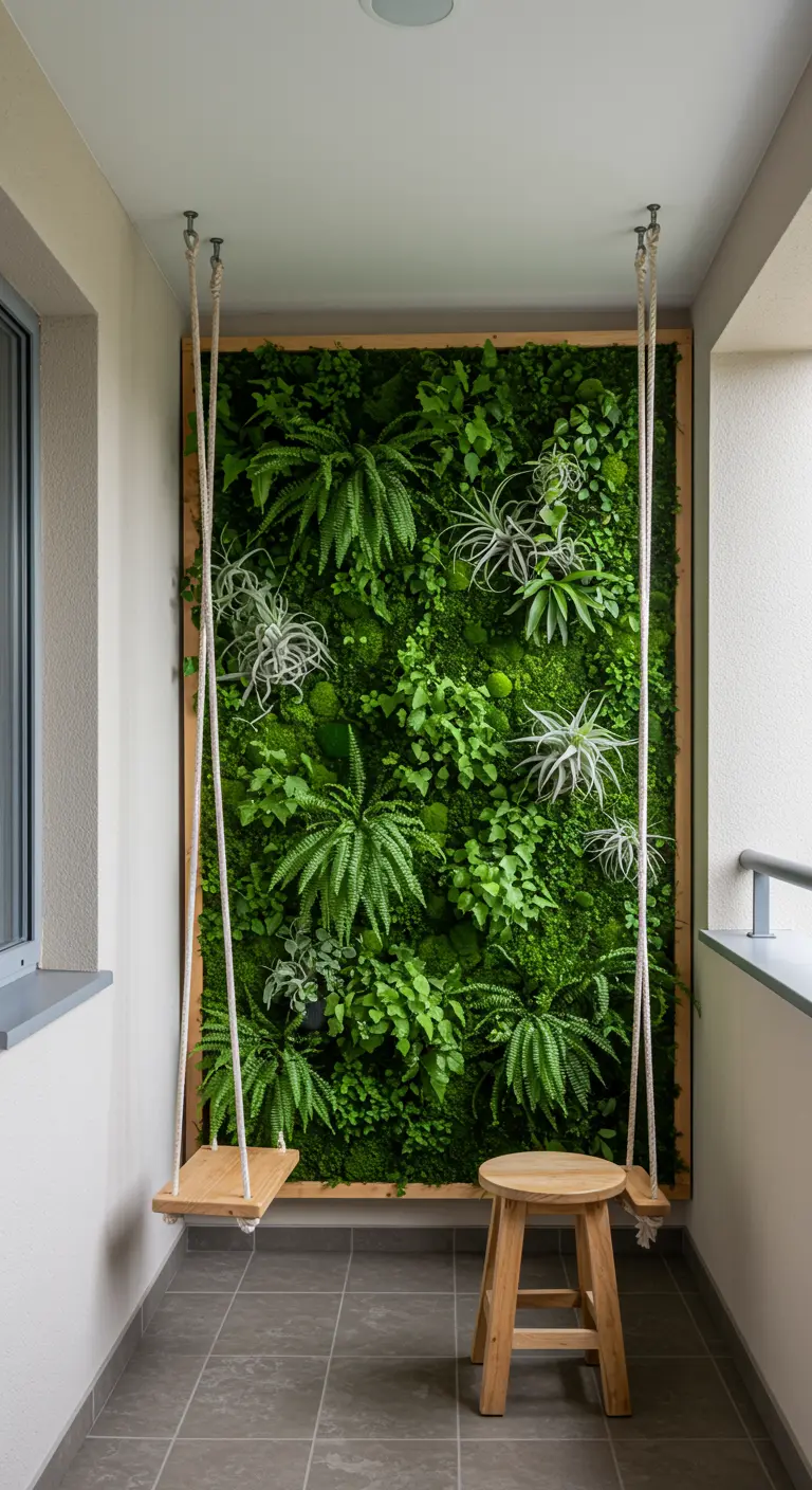 Houten plankenschommel op balkon met grote verticale plantenmuur en krukje.
