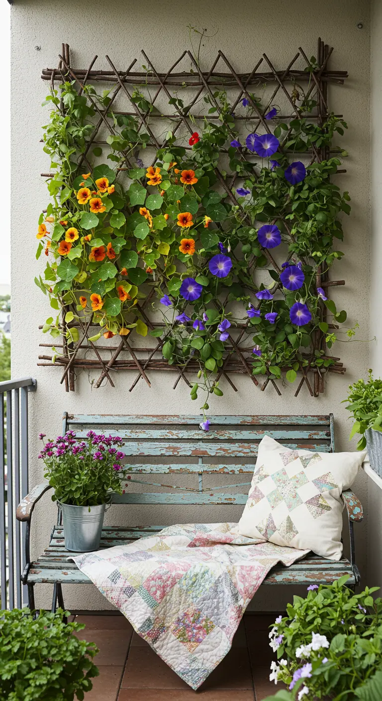 Balkonbankje met een quilt en een trellisrek vol klimmende bloemen.
