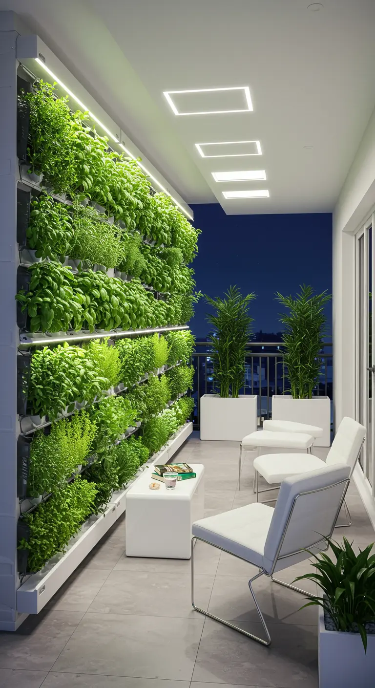 Groot balkon met een massieve witte verticale kweekwand vol weelderige groene kruiden en planten.