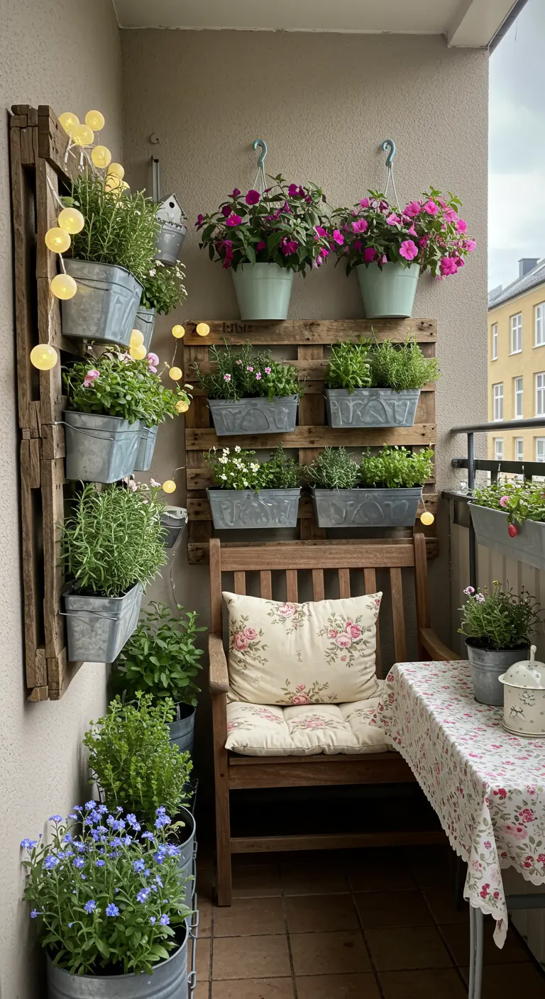 Klein balkon met verticale pallet tuin, houten bankje en zinken bloempotten met kruiden.