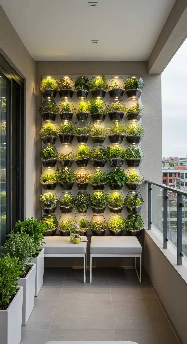 Modern balkon met een verticale plantenwand van hexagonale glazen bakjes met planten, elk verlicht van binnenuit.
