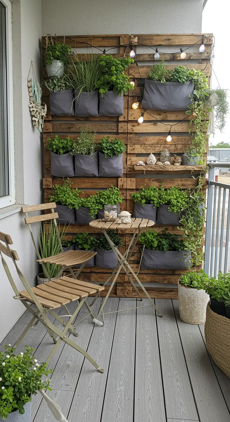 Balkon met verticale plantenwand van pallets, plantenzakken, sfeerlampjes en bistroset.