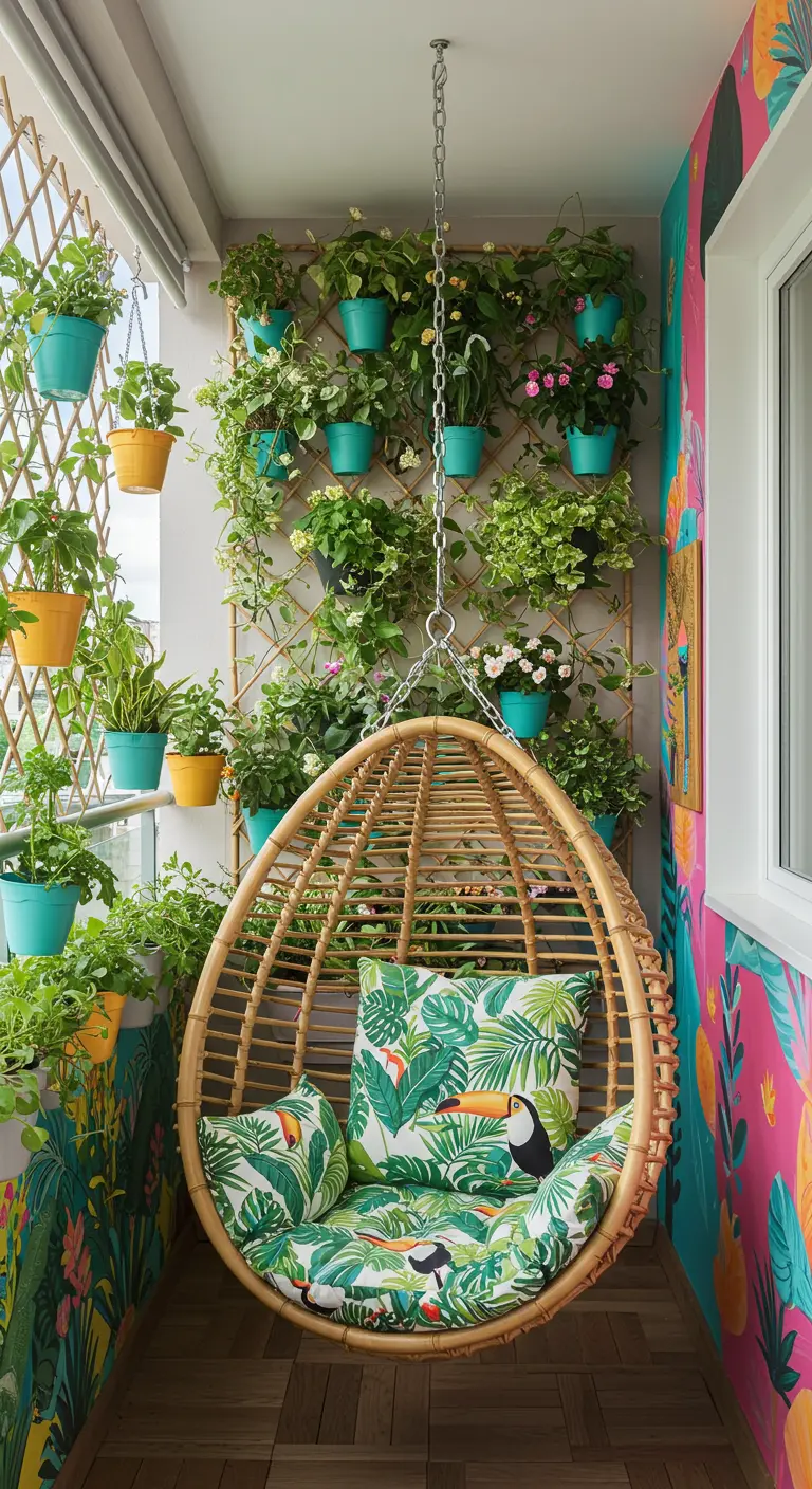 Bamboe hangstoel met toekan-print kussens op een smal balkon met een muur vol hangplanten.
