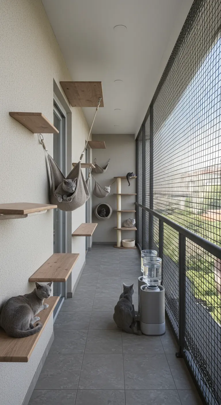 Meerdere katten op een lang, smal balkon met planken, hangmatten en een krabpaal.