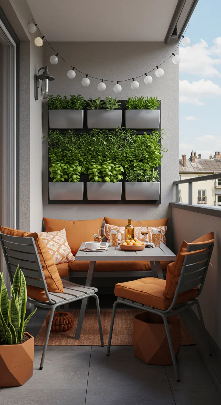 Modern balkon met een verticale kruidentuin en een loungebank met oranje kussens.