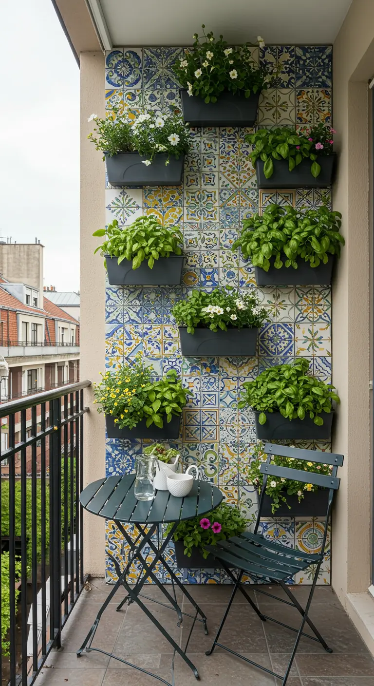 Balkon met een muur van Marokkaanse tegels waarop plantenbakken met kruiden hangen.