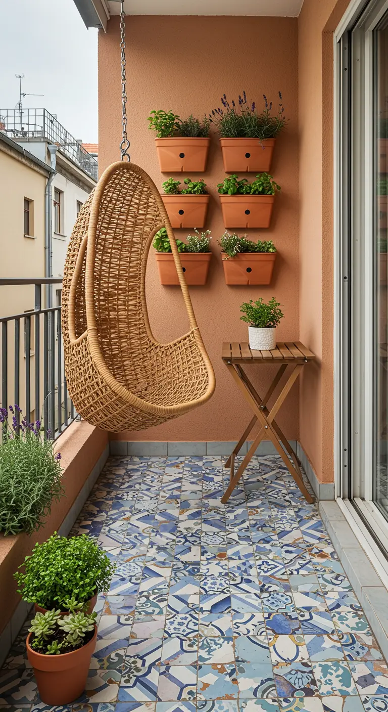Rotan hangstoel op een balkon met Portugese tegels en een verticale kruidentuin.