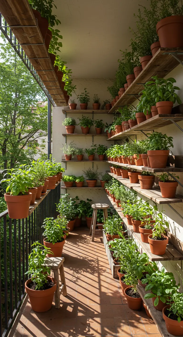 Smal balkon met planken aan de muur vol terracotta potten met kruiden.