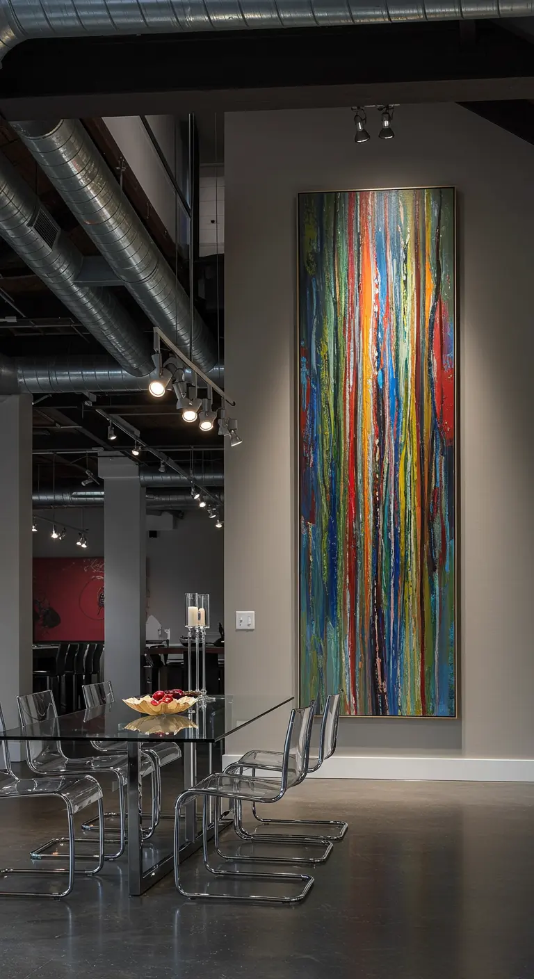 Industriële loft met een hoog, verticaal en kleurrijk abstract schilderij.