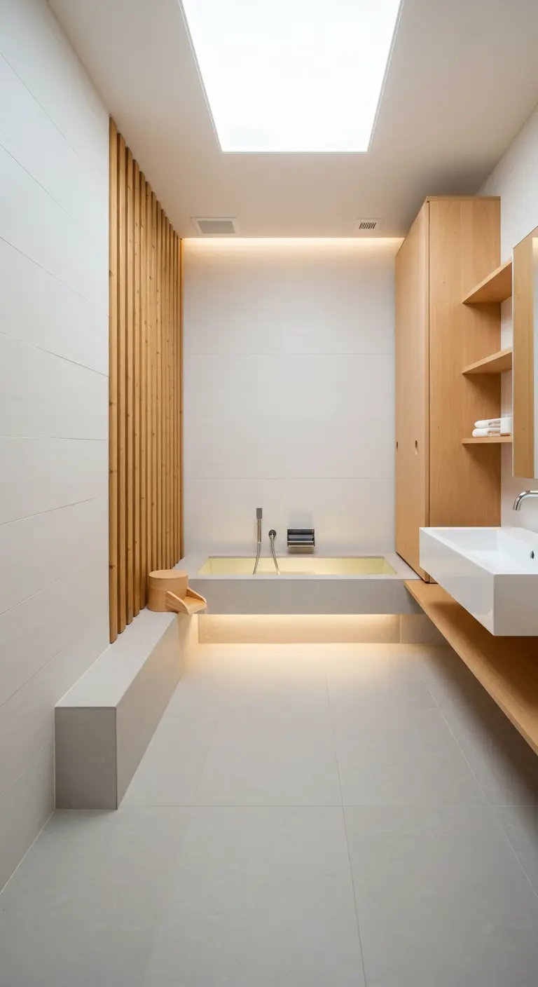 Badkamer met verticale houten latjes, wit bad met onderlicht en houten meubel.