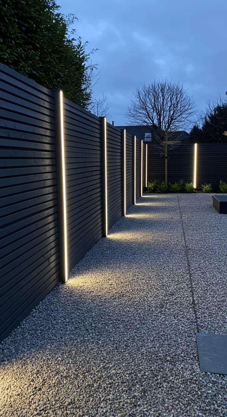 Zwarte houten schutting met verticale ledstrips die een grindpad verlichten.