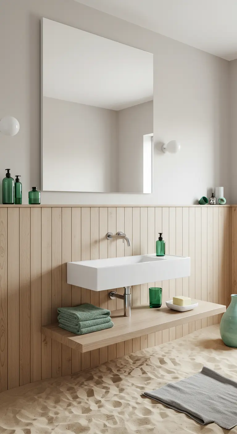 Moderne badkamer met lichte houten lattenwand en een zwevende witte wastafel.