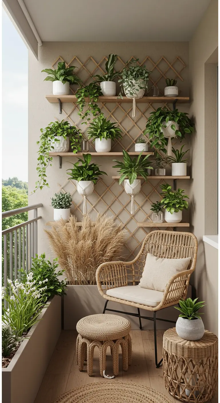 Balkon met een verticale plantenwand, rotan stoel en veel groen.