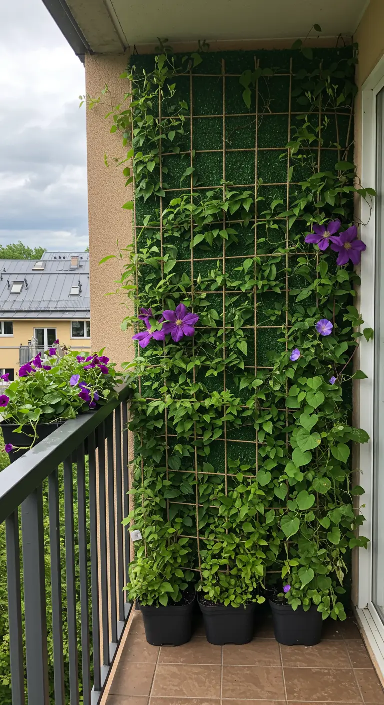 Een verticale tuin met klimplanten op een houten raster op een balkon.