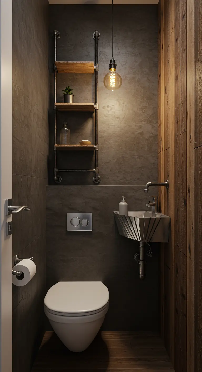 Kleine toiletruimte met een wandrek gemaakt van industriële buizen en een houten wand.