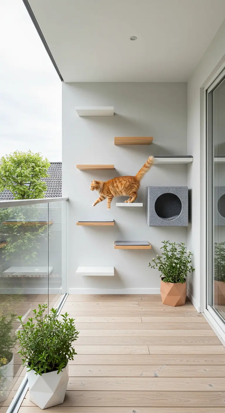 Kat springt op stijlvolle witte en houten wandplanken op een modern balkon.