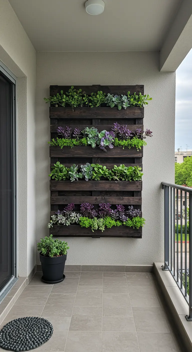 Donkergebeitste pallet als verticale tuin voor diverse vetplanten op een modern balkon.
