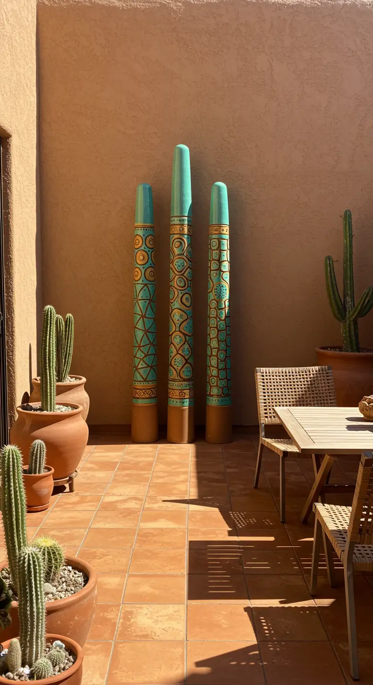 Drie gedecoreerde turquoise en terracotta totempalen op een zonovergoten terras.