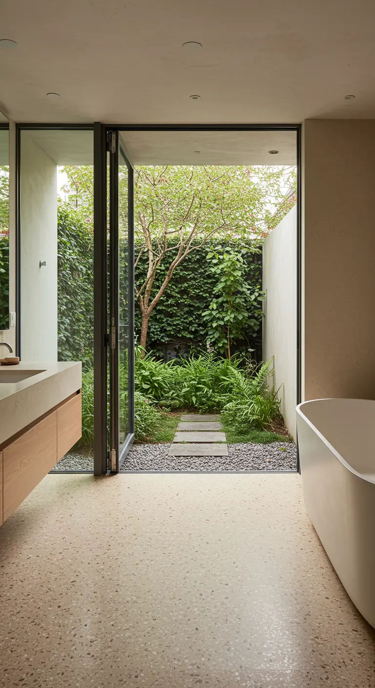 Beige badkamer met terrazzo vloer en een glazen pui die openstaat naar een groene binnentuin.