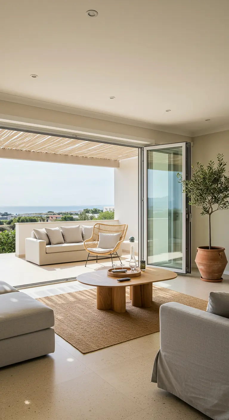 Lichte woonkamer die overgaat in een balkon, met een grote olijfboom in een pot.