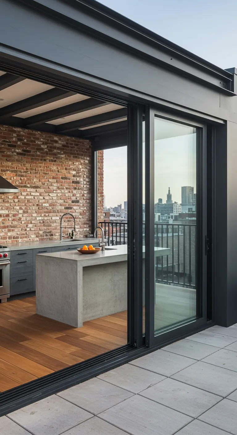 Keuken met betonnen eiland die via een glazen schuifpui overgaat in een balkon.