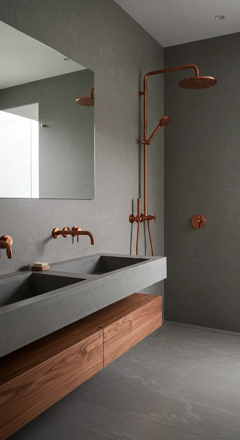 Grijze betonlook badkamer met een koperen douche en kranen boven een betonnen wasbak.